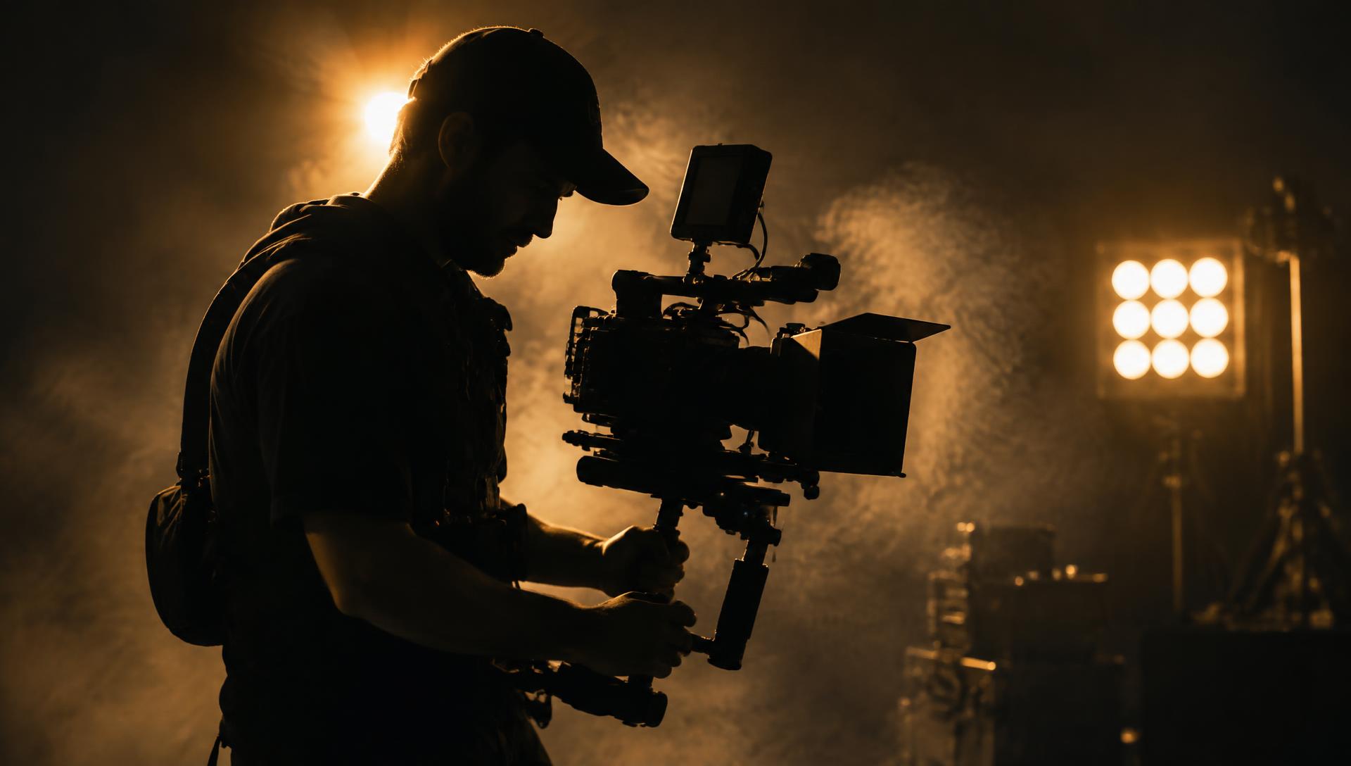 Videographer filming with a cinema camera under warm studio lighting